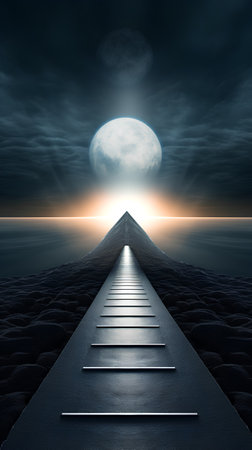 Conceptual image of a path leading towards a full moon.の素材