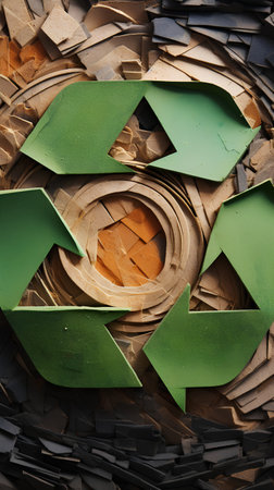 abstract background made of pieces of wood and metal with a recycling symbolの素材