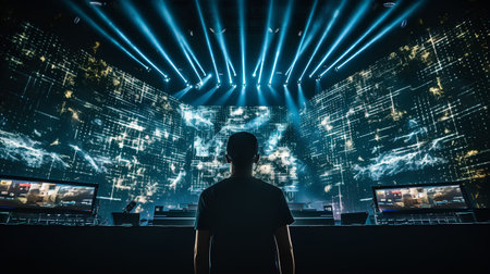 Silhouette of a hacker standing in front of a big screen with binary code on the backgroundの素材