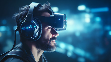 Man wearing virtual reality goggles. Future technology concept. 3D Renderingの素材