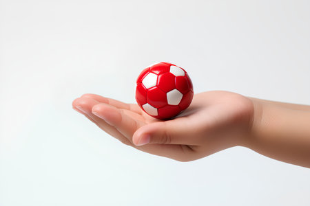 Child hand holding soccer ball. Isolated on a white background.の素材