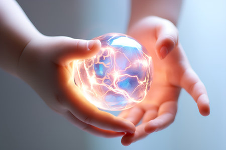 Female hands holding a glowing earth globe in her hands. 3D renderingの素材