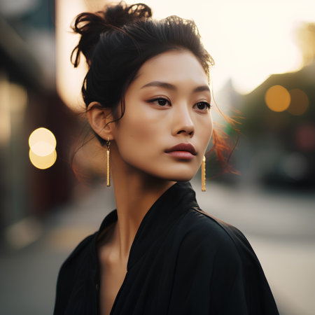 Portrait of a beautiful young asian woman in a black coat.の素材