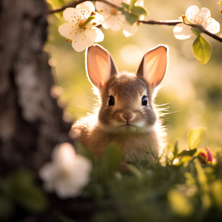 Cute little rabbit in spring blooming garden. Easter concept.の素材