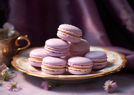 Pink macaroons on a plate with a cup of tea.の素材