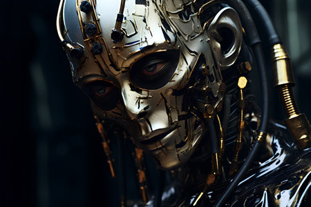 3D CG rendering of cyber woman with robot costume isolated on blackの素材