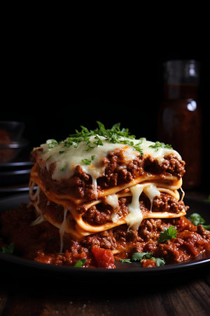 Portion of lasagna with bolognese sauce on black plateの素材