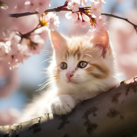 Cute little kitten on a branch of sakura tree in springの素材