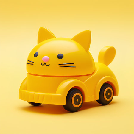 Happy yellow cat riding a toy car. Vector illustration isolated on yellow background.の素材