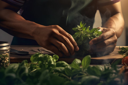 Close-up of a young man's hands preparing fresh herbs.の素材