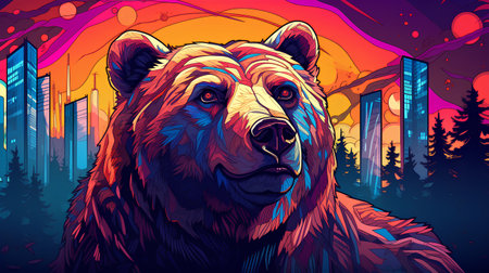 Grizzly bear in the forest at sunset. Vector illustrationの素材