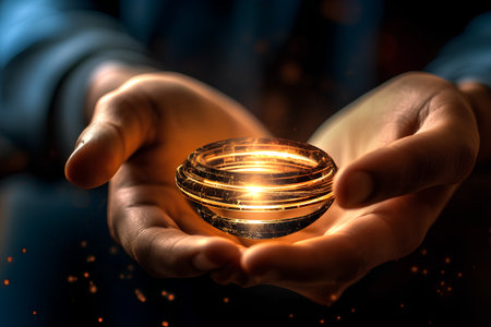 Man holding a glowing crystal ball in his hands. 3D renderingの素材