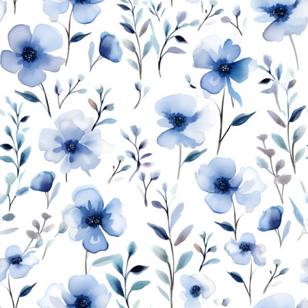 Seamless pattern with watercolor blue flowers. Handmade.の素材