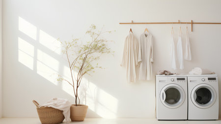 Laundry room interior with washing machine and basket with clothes. 3d renderの素材