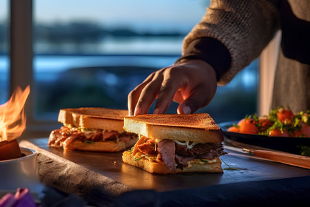 Hands of a man making a sandwich on a wooden board.の素材
