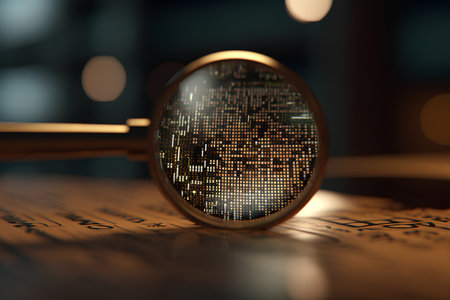 Magnifying glass on a table with a binary code. 3d renderingの素材