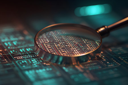 Magnifying glass on the background of binary code. 3d renderingの素材