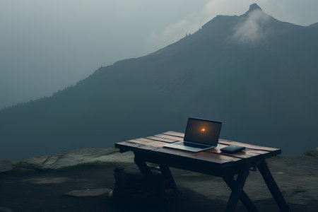 Laptop on a table in the middle of a foggy mountainの素材