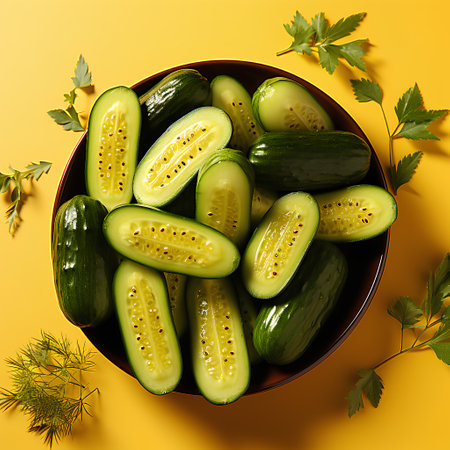 Cucumbers in a bowl on a yellow background, top viewの素材
