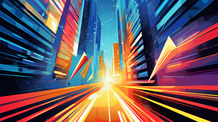 Abstract background of the city with rays of light. Vector illustration.の素材