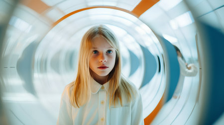 A girl in a white shirt stands in a futuristic tunnel. The girl looks at the camera.の素材