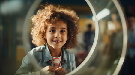 Portrait of cute little girl with curly hair looking in mirror at schoolの素材
