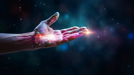 Man hand with magic sparkles on a dark background. 3d renderingの素材