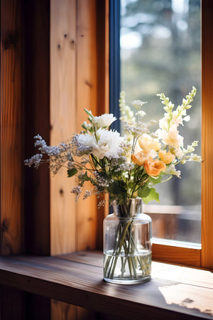 Bouquet of white and yellow flowers in glass vase on windowsillの素材