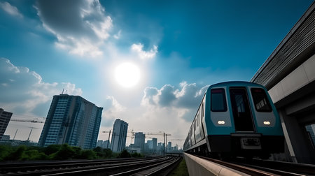 Train in the city with blue sky and sun,3d renderの素材