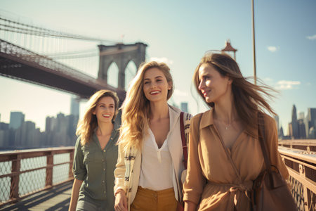 Beautiful girls friends having fun on the Brooklyn Bridge in New York Cityの素材