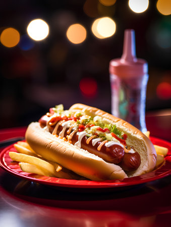 Hot dog with mustard and ketchup on a red plate on a dark backgroundの素材