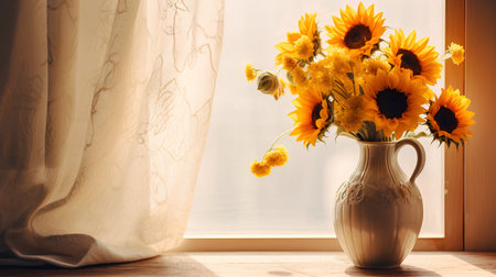 Bouquet of sunflowers in a vase near the windowの素材