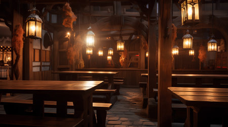Interior of a cozy restaurant with wooden tables and lanterns.の素材
