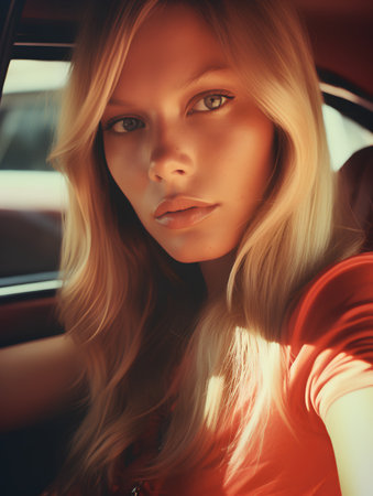 Portrait of a beautiful blonde woman in the car. Beauty, fashion.の素材