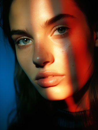 Portrait of beautiful young woman with red light on her face.の素材