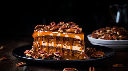 Piece of caramel cake with pecan nuts on a black plate.の素材