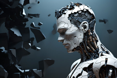 Cyborg man with broken head. 3d rendering, 3d illustration.の素材