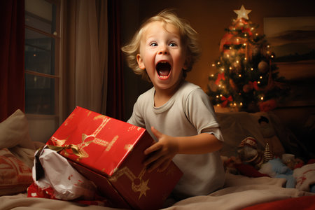 Excited boy opening a Christmas present in front of a Christmas treeの素材