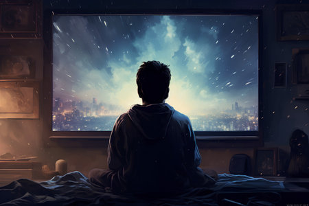 Young man sitting in bed and looking at the night city from the windowの素材