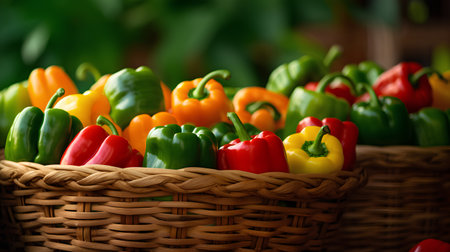 Colorful peppers in a wicker basket on a blurred background. Selective focus.の素材