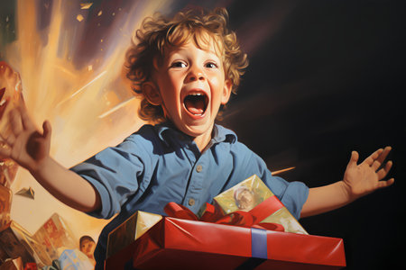 Surprised little boy with a gift box on a dark backgroundの素材
