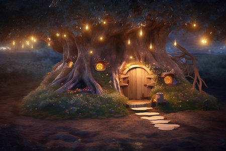 3D rendering of an old wooden door in a fairy forest.の素材