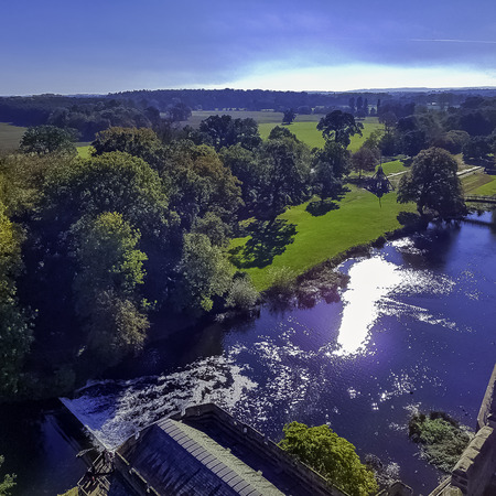 Aerial view of River Avon in Warwick, Warwickshire, United Kingdomの写真素材