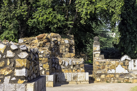Remains of old temple at Qutub Minar complex in New Delhi, Indiaの写真素材