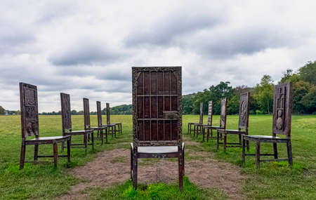 12 bronze chairs - Jurors artwork by Hew Locke in Runnymede, Surrey, United Kingdomのeditorial素材