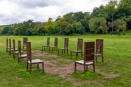 12 bronze chairs - Jurors artwork by Hew Locke in Runnymede, Surrey, United Kingdomのeditorial素材