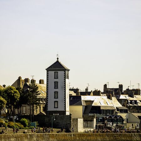 Vintage architecture and beach in Saint-Malo, Brittany, France