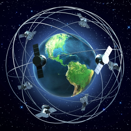 Satellites flying around earth backgroundの写真素材