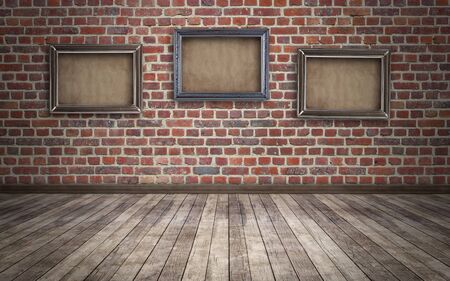 frames on red brick wall grunge backgroundの写真素材