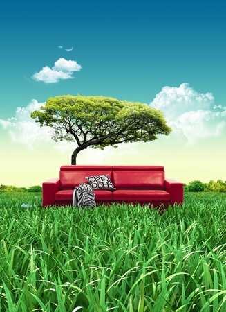 Red sofa on grass field backgroundの写真素材